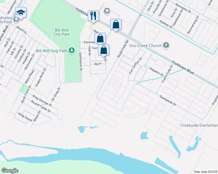 map of restaurants, bars, coffee shops, grocery stores, and more near 7230 Bryson Way in Corpus Christi