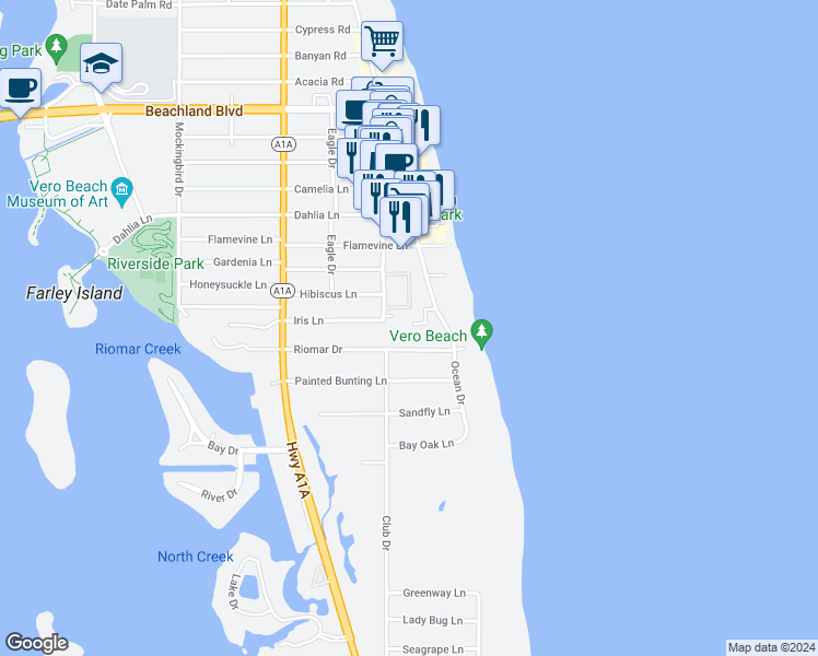 map of restaurants, bars, coffee shops, grocery stores, and more near 2665 Ocean Drive in Vero Beach