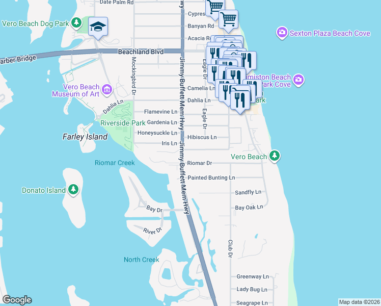 map of restaurants, bars, coffee shops, grocery stores, and more near 715 Iris Lane in Vero Beach