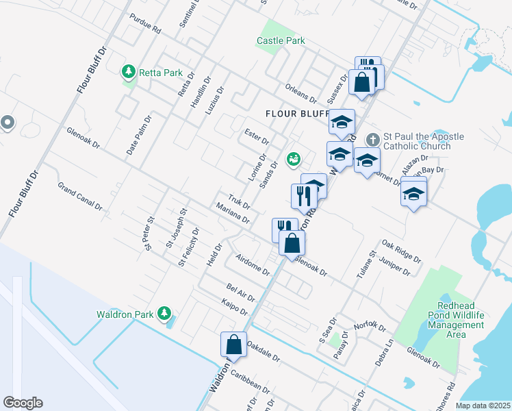map of restaurants, bars, coffee shops, grocery stores, and more near 2550 Sands Drive in Corpus Christi