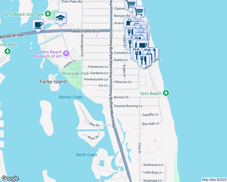 map of restaurants, bars, coffee shops, grocery stores, and more near 706 Iris Lane in Vero Beach
