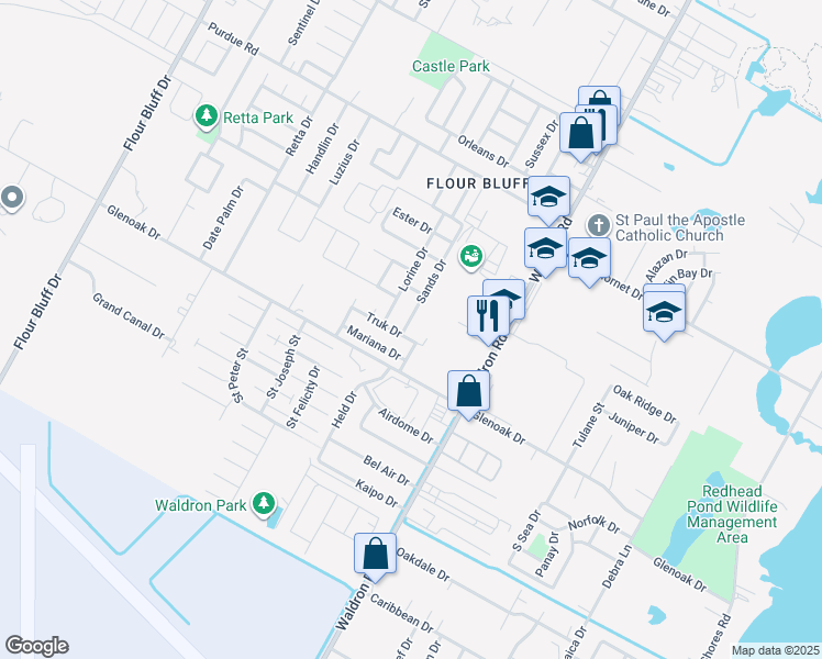 map of restaurants, bars, coffee shops, grocery stores, and more near 2550 Sands Drive in Corpus Christi