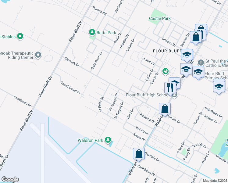 map of restaurants, bars, coffee shops, grocery stores, and more near 914 Glenoak Drive in Corpus Christi