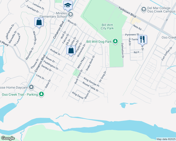 map of restaurants, bars, coffee shops, grocery stores, and more near 7949 Snake River Drive in Corpus Christi