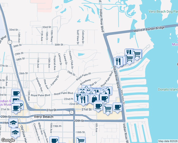map of restaurants, bars, coffee shops, grocery stores, and more near 675 Catalina Street in Vero Beach
