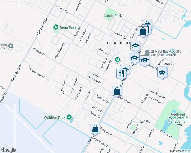 map of restaurants, bars, coffee shops, grocery stores, and more near 2514 Fiji Circle in Corpus Christi