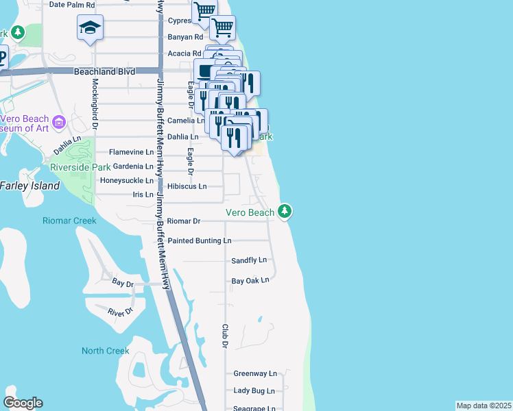 map of restaurants, bars, coffee shops, grocery stores, and more near 2685 Ocean Drive in Vero Beach