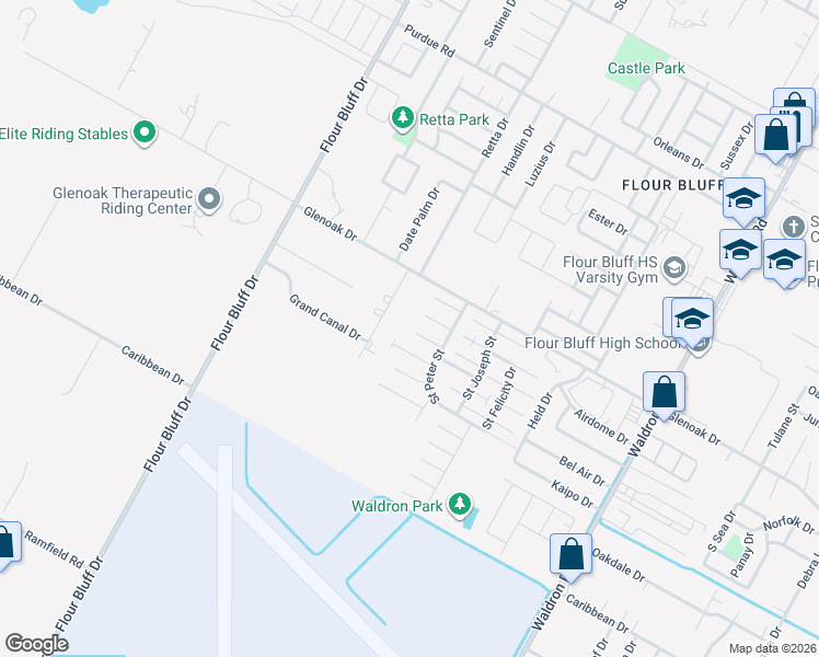 map of restaurants, bars, coffee shops, grocery stores, and more near 2750 Grand Park Avenue in Corpus Christi