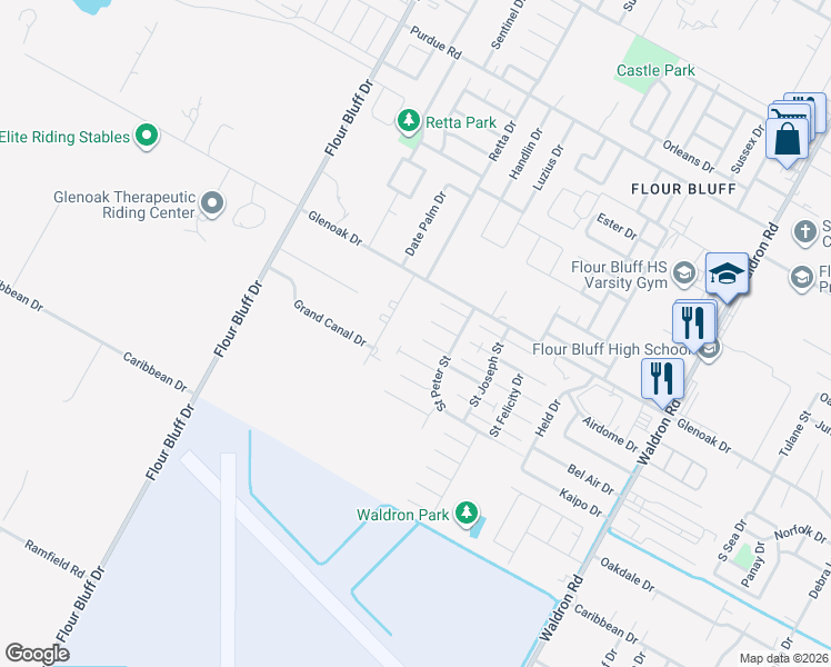 map of restaurants, bars, coffee shops, grocery stores, and more near 2750 Grand Park Avenue in Corpus Christi