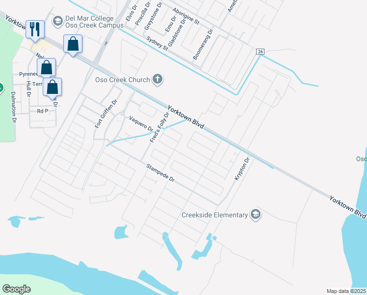 map of restaurants, bars, coffee shops, grocery stores, and more near 7529 Killebrew Drive in Corpus Christi