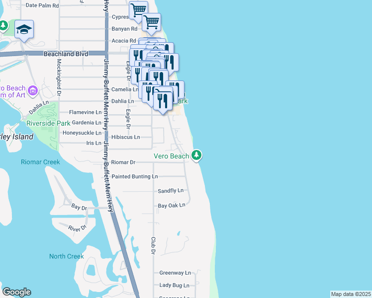 map of restaurants, bars, coffee shops, grocery stores, and more near 2636 Ocean Drive in Vero Beach