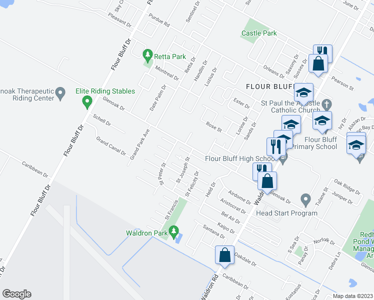 map of restaurants, bars, coffee shops, grocery stores, and more near 914 Glenoak Drive in Corpus Christi