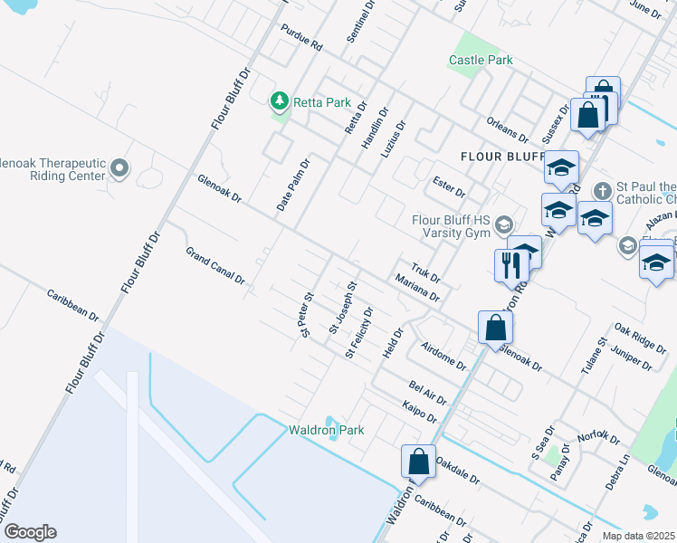 map of restaurants, bars, coffee shops, grocery stores, and more near 914 Glenoak Drive in Corpus Christi
