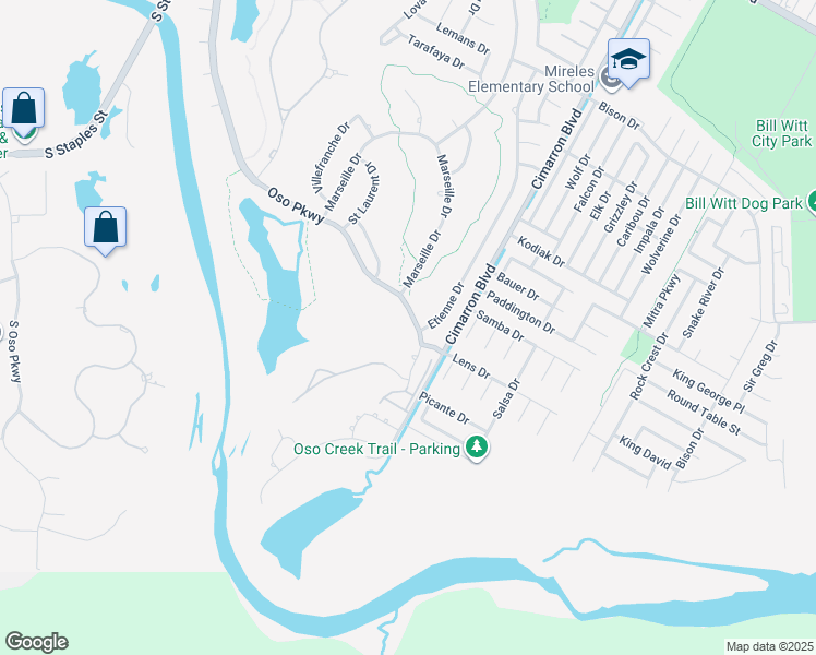map of restaurants, bars, coffee shops, grocery stores, and more near 6301 Oso Parkway in Corpus Christi