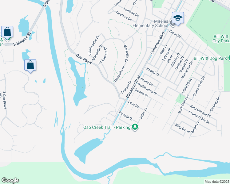 map of restaurants, bars, coffee shops, grocery stores, and more near 6301 Oso Parkway in Corpus Christi