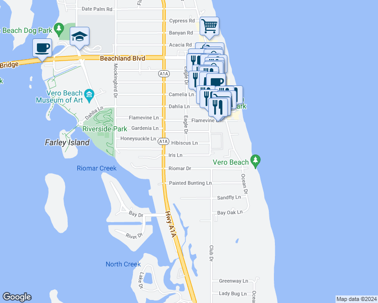 map of restaurants, bars, coffee shops, grocery stores, and more near 805 Iris Lane in Vero Beach