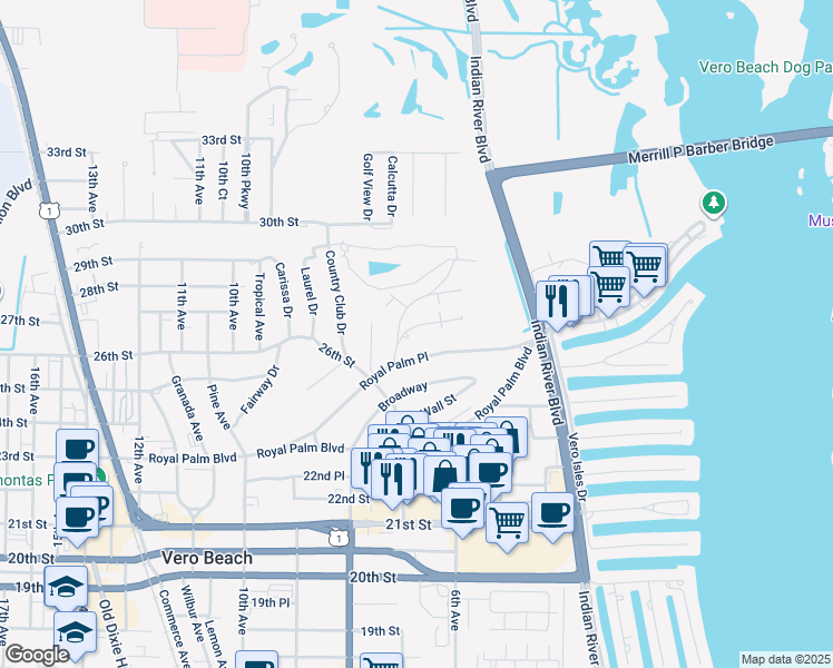 map of restaurants, bars, coffee shops, grocery stores, and more near 675 Catalina St in Vero Beach