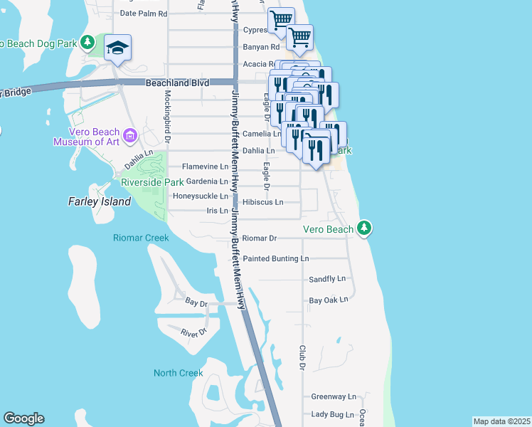 map of restaurants, bars, coffee shops, grocery stores, and more near 812 Hibiscus Lane in Vero Beach