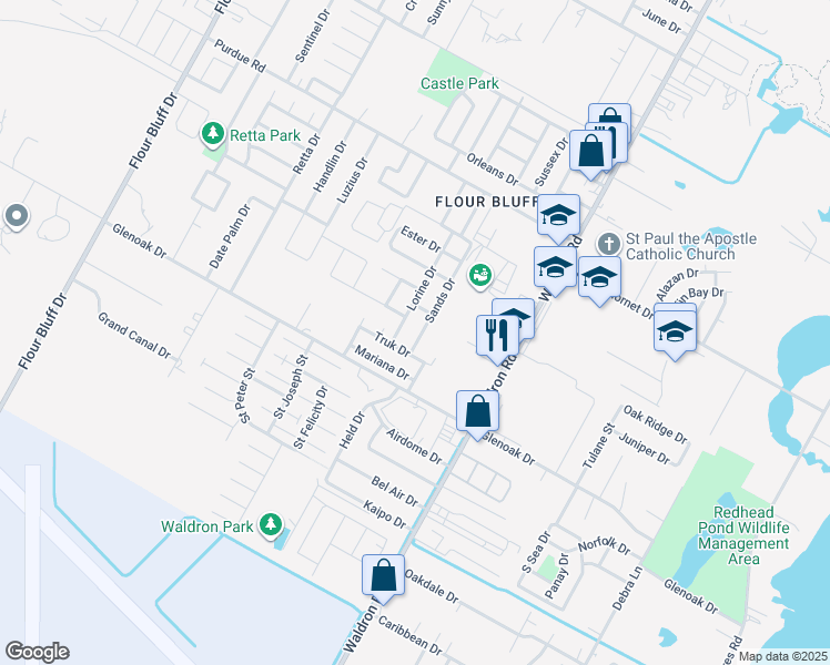 map of restaurants, bars, coffee shops, grocery stores, and more near 2550 Sands Drive in Corpus Christi