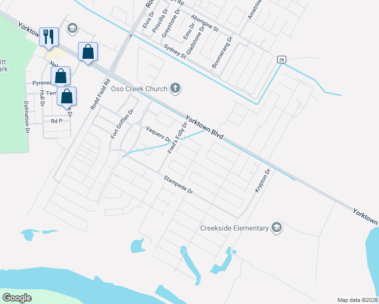 map of restaurants, bars, coffee shops, grocery stores, and more near 7542 Fred's Folly Drive in Corpus Christi