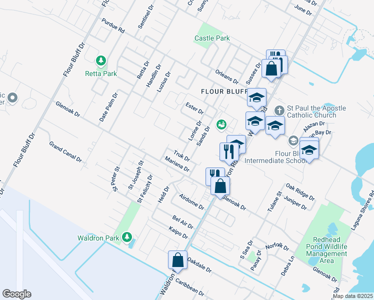 map of restaurants, bars, coffee shops, grocery stores, and more near 2550 Sands Drive in Corpus Christi