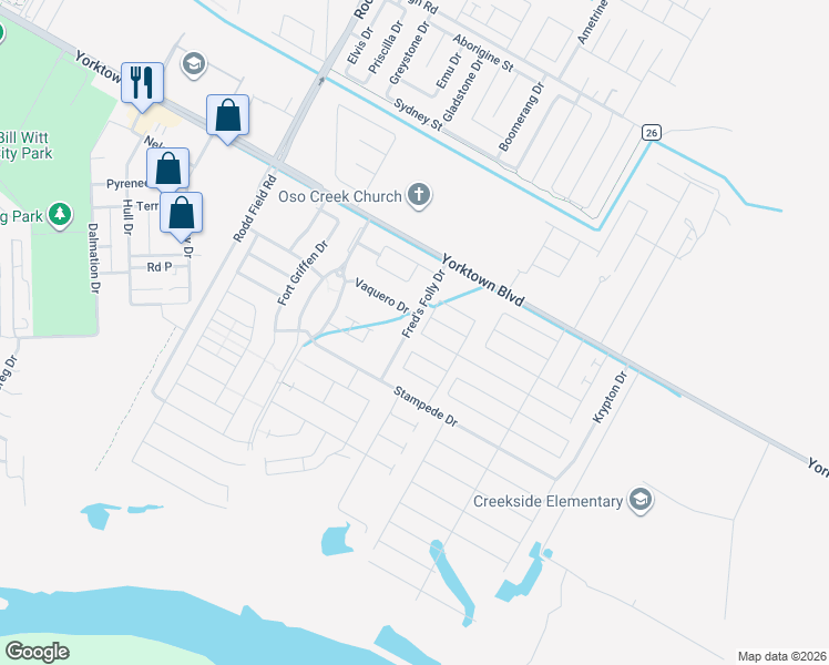 map of restaurants, bars, coffee shops, grocery stores, and more near 7610 Fred's Folly Drive in Corpus Christi