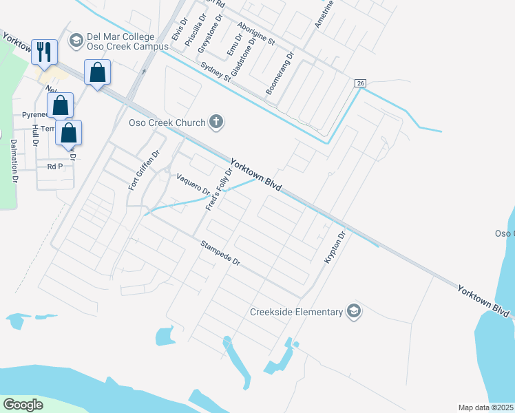 map of restaurants, bars, coffee shops, grocery stores, and more near 7529 Killebrew Drive in Corpus Christi