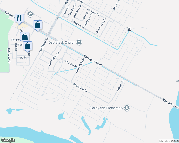 map of restaurants, bars, coffee shops, grocery stores, and more near 7542 Fred's Folly Drive in Corpus Christi
