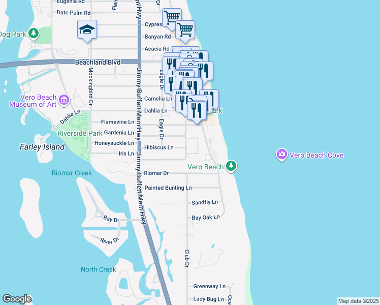 map of restaurants, bars, coffee shops, grocery stores, and more near 2732 Cardinal Drive in Vero Beach