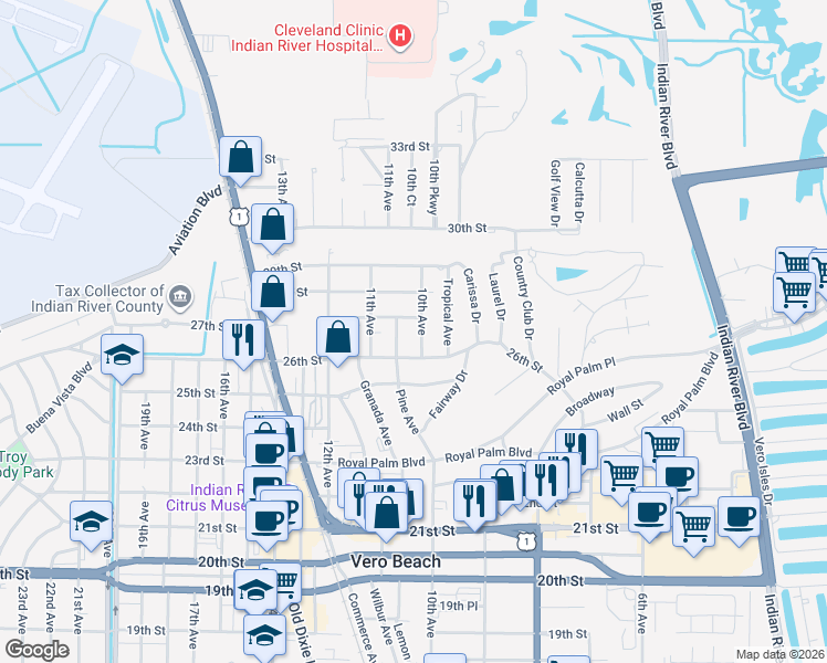 map of restaurants, bars, coffee shops, grocery stores, and more near 2655 10th Avenue in Vero Beach