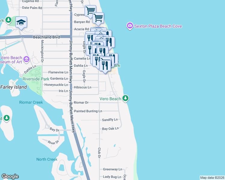 map of restaurants, bars, coffee shops, grocery stores, and more near 2701 Ocean Drive in Vero Beach
