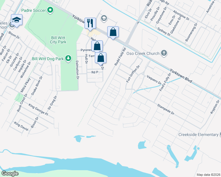 map of restaurants, bars, coffee shops, grocery stores, and more near 7211 Nuss Drive in Corpus Christi