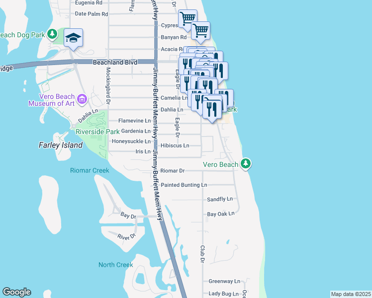 map of restaurants, bars, coffee shops, grocery stores, and more near 812 Hibiscus Lane in Vero Beach