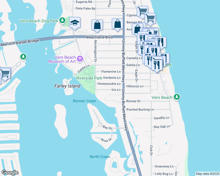 map of restaurants, bars, coffee shops, grocery stores, and more near 555 Iris Lane in Vero Beach