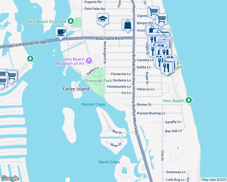 map of restaurants, bars, coffee shops, grocery stores, and more near 511 Iris Lane in Vero Beach