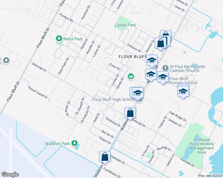 map of restaurants, bars, coffee shops, grocery stores, and more near 2550 Sands Drive in Corpus Christi