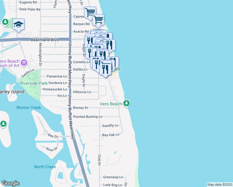 map of restaurants, bars, coffee shops, grocery stores, and more near 2636 Ocean Drive in Vero Beach