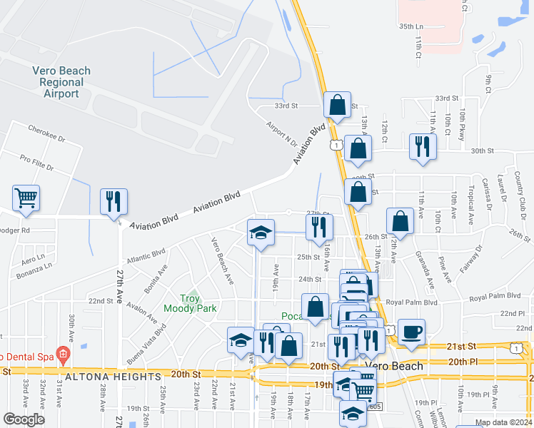 map of restaurants, bars, coffee shops, grocery stores, and more near 1999 27th Street in Vero Beach