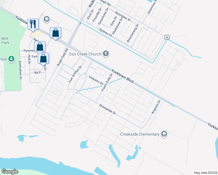 map of restaurants, bars, coffee shops, grocery stores, and more near 7542 Fred's Folly Drive in Corpus Christi