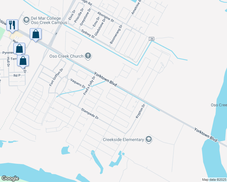 map of restaurants, bars, coffee shops, grocery stores, and more near 7729 Killebrew Drive in Corpus Christi
