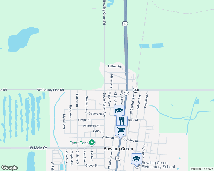 map of restaurants, bars, coffee shops, grocery stores, and more near 120 Miner Avenue in Bowling Green