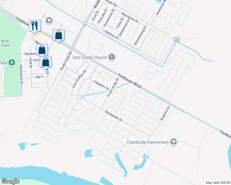 map of restaurants, bars, coffee shops, grocery stores, and more near 7542 Fred's Folly Drive in Corpus Christi