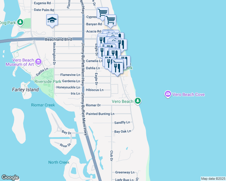 map of restaurants, bars, coffee shops, grocery stores, and more near 2732 Cardinal Drive in Vero Beach