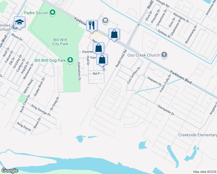 map of restaurants, bars, coffee shops, grocery stores, and more near 7211 Nuss Drive in Corpus Christi