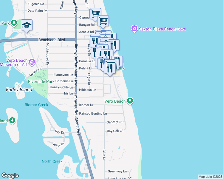 map of restaurants, bars, coffee shops, grocery stores, and more near 2685 Ocean Drive in Vero Beach