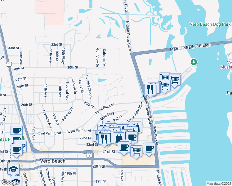 map of restaurants, bars, coffee shops, grocery stores, and more near 675 Catalina Street in Vero Beach