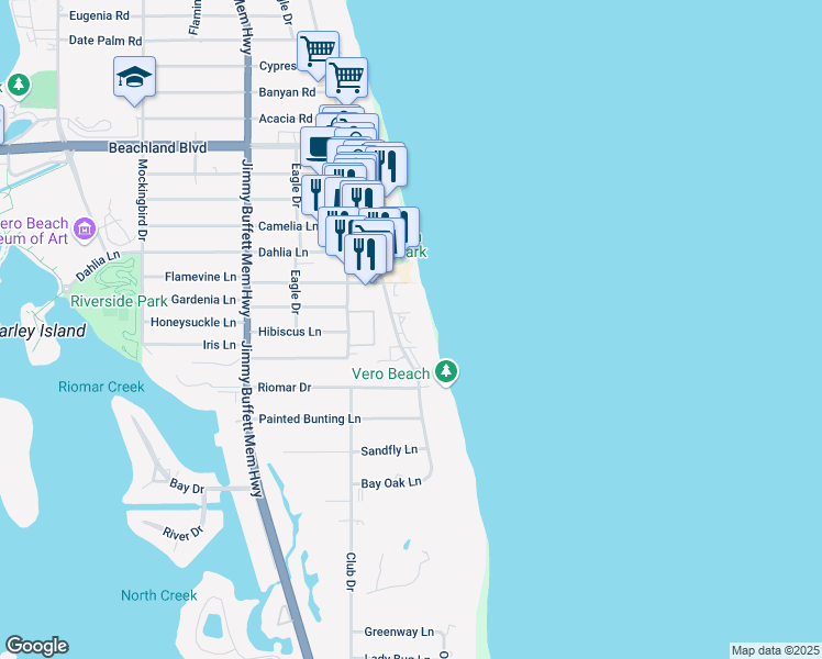 map of restaurants, bars, coffee shops, grocery stores, and more near 2636 Ocean Drive in Vero Beach