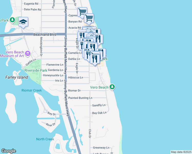map of restaurants, bars, coffee shops, grocery stores, and more near 2685 Ocean Drive in Vero Beach