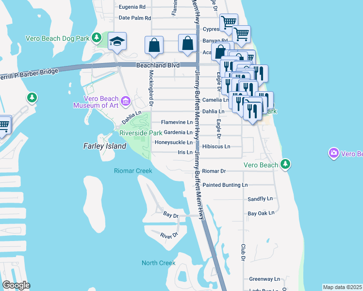 map of restaurants, bars, coffee shops, grocery stores, and more near 555 Iris Lane in Vero Beach