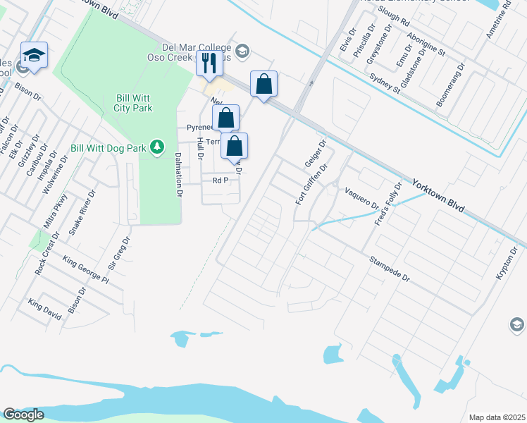 map of restaurants, bars, coffee shops, grocery stores, and more near 7215 Nuss Drive in Corpus Christi